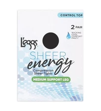 L'eggs Sheer Energy Medium Leg Support Control Top Tights, 2 Pair Off Black Sz B