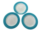 Set - 3 Vtg PYREX BLUE BAND Milk Glass SALAD PLATE 8 1/8" Turquoise Aqua Rim USA
