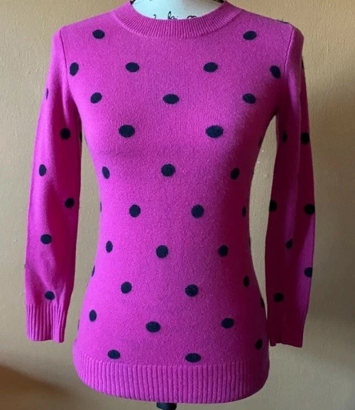 J Crew Pink Polka Dot 100% Italian Cashmere Sweater XXS 2XS crew neck free ship - Image 2 of 4