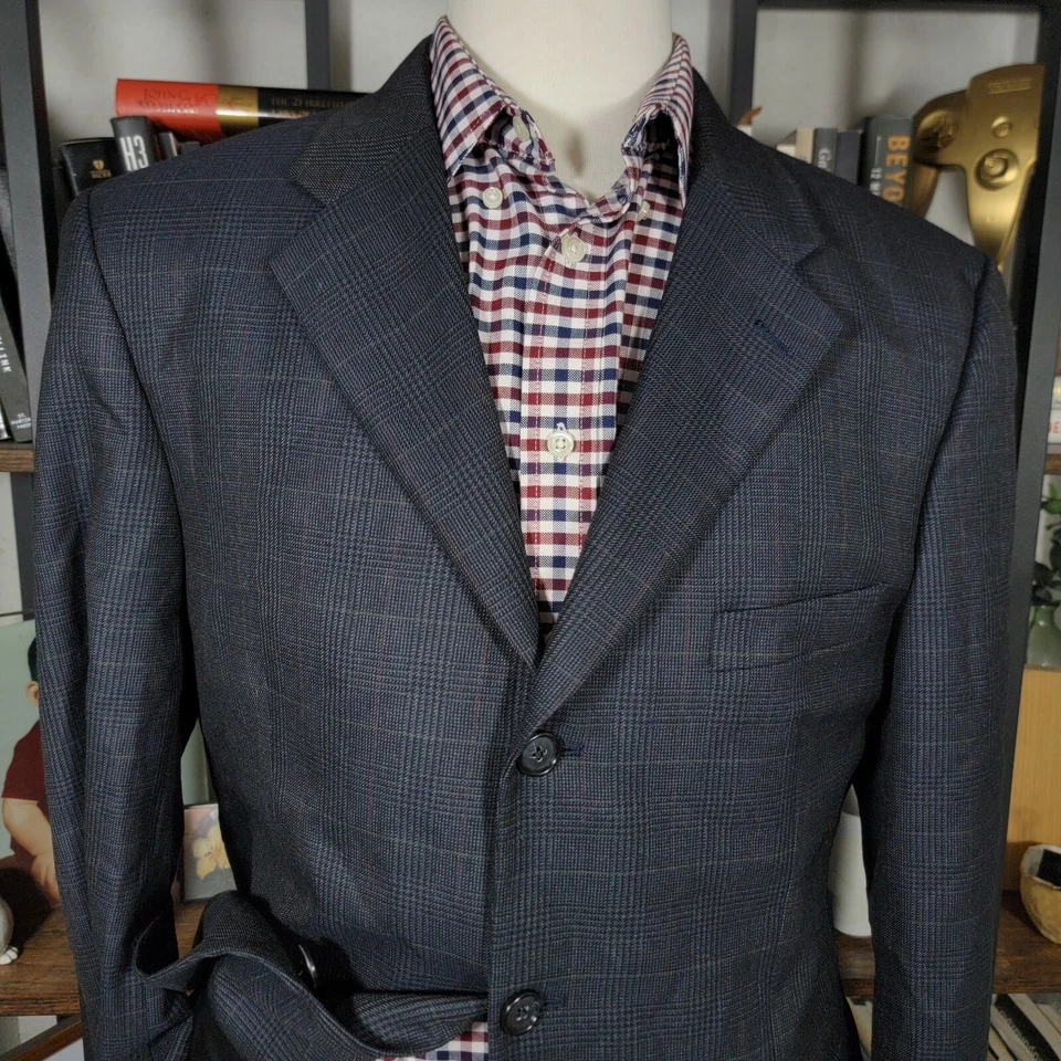 Abrigo deportivo Tasso Elba para hombre 3 botones azul marino a cuadros lana angelico cachemir talla 40S Foto 2 de 4