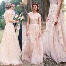 Elegant Blush Pink Lace Tulle Wedding Dresses A-Line Long Bridal Gowns