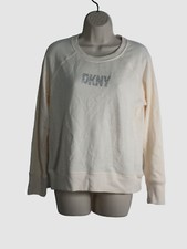  50 DKNY Women's Beige Studded Logo Long Sleeve Crewneck Sweater Size S