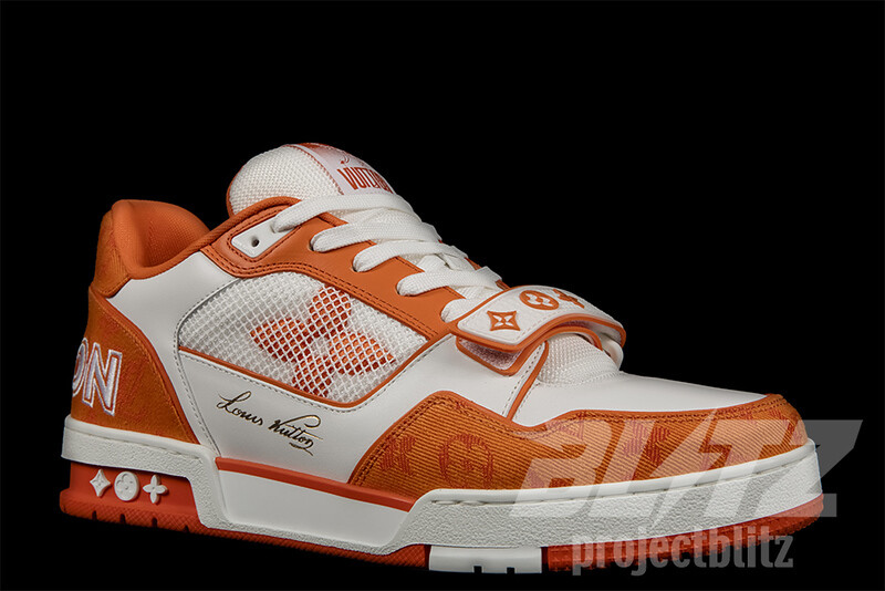 LOUIS VUITTON LV TRAINER SNEAKER MONOGRAM DENIM WHITE ORANGE