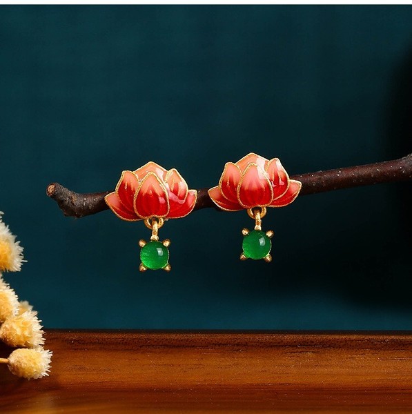 Alternate view of Jade Dangle Earrings Boho Lotus Flower Dainty Gemstone 18k Gold Plated