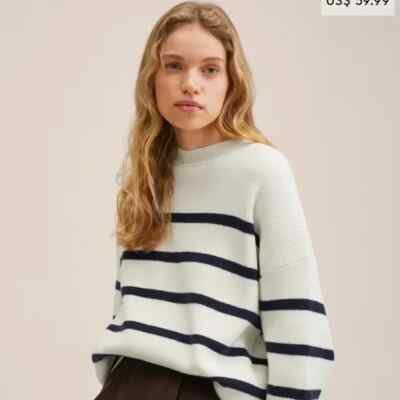 MNG Mango Size S Striped Pullover Sweater Blue White Casual Ribbed Knit Oversize