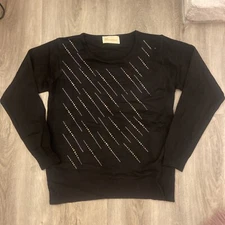 Lady Wool Top,  Round Neck , Rhinestone , Black (Made In Italy)
