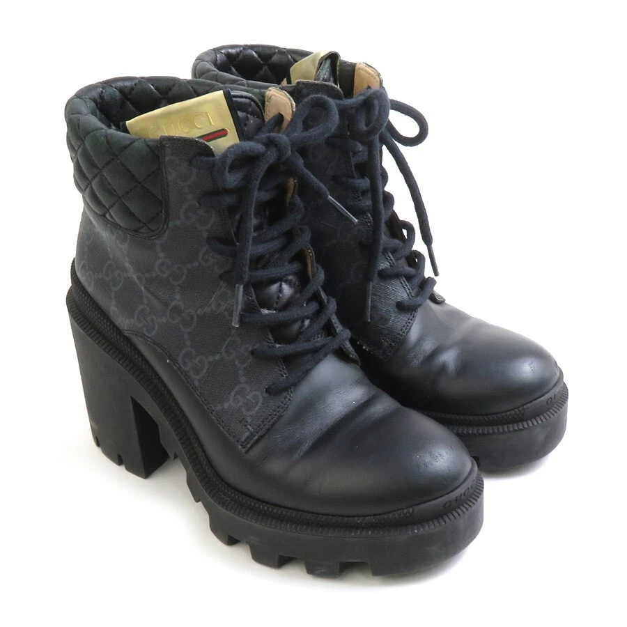 Gucci GG Supreme Bottes Courtes Toile PVC et Cuir Noir 659691 Taille : 35 1/2
