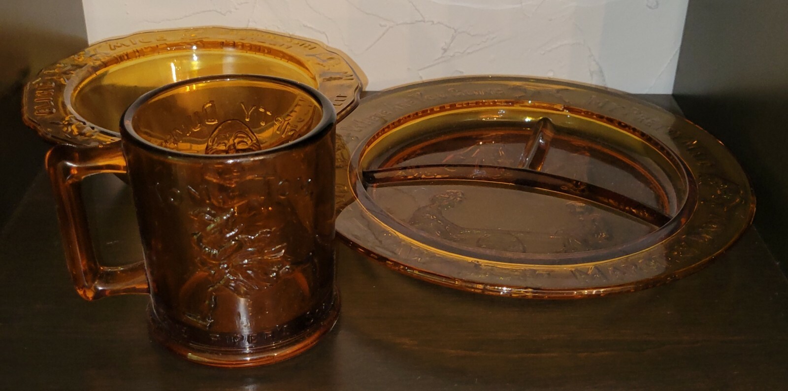 Vintage Amber Glass Children's Nursery Rhyme Divided Plate Bowl And Cup
