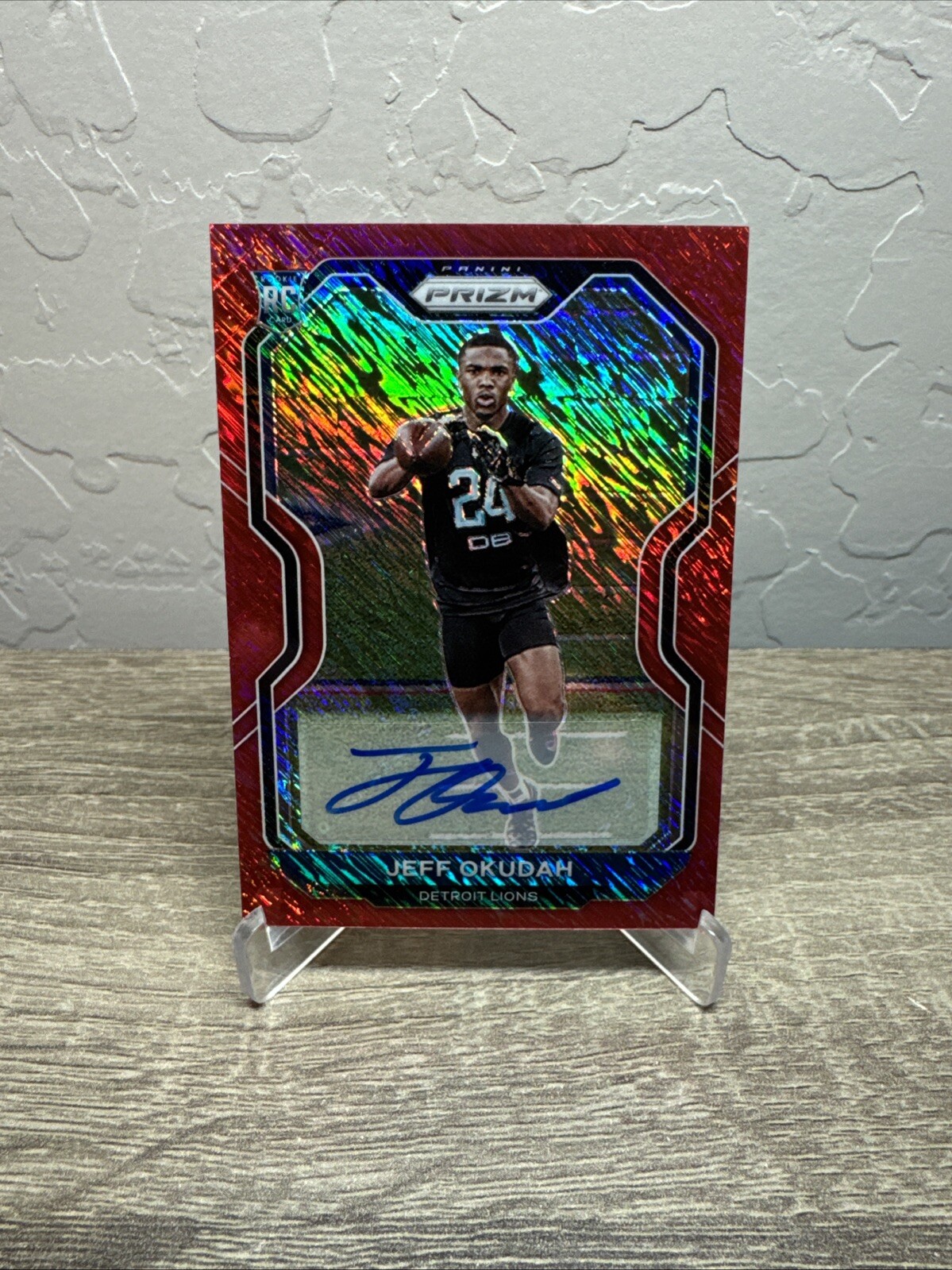 2020 Panini Prizm Jeff Okudah Red Shimmer Rookie RC Auto /35 #359 Lions
