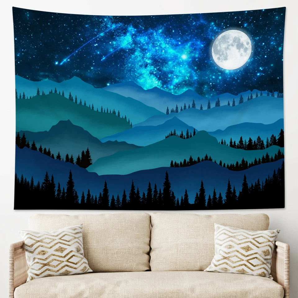 Mysterious Starry Moon Tapestry Mountain Forest Wall Hanging Living Room Bedroom - Image 4 of 4