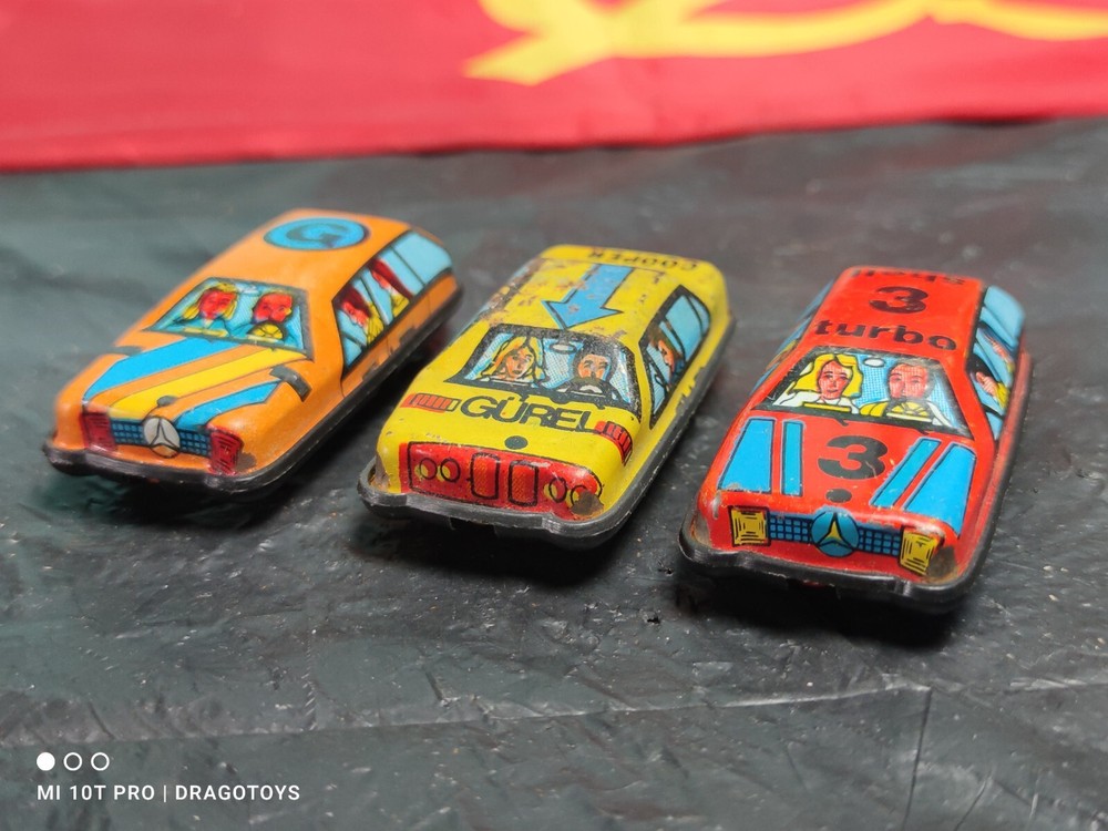VINTAGE CAR SET OF 3 GUREL MADE IN TURKEY TAXI TURBO MINI COOPER METAL PLASTIC