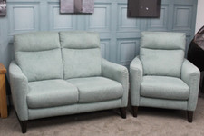 WORLD OF LEATHER, PETIT COLLECTION 2-SEATER & ARMCHAIR IN CYAN GREEN FABRIC