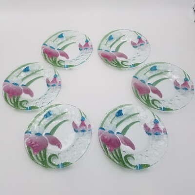 Lot of 6 Sydenstricker Fused Glass Bread & Butter Plates - Japanese Iris Pink