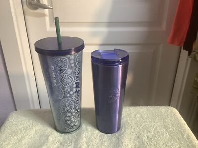STARBUCKS TUMBLER 16oz Blue Metallic Stainless Steel & 24oz Cold Cup &  Straw | eBay