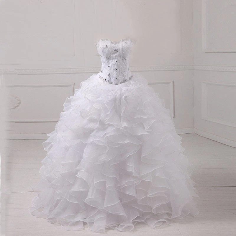 White Two Piece Wedding Dress Detachable Skirt Ruffles Organza Ball Bridal Gown - Image 2 of 4
