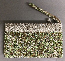 1960s beaded clutch purse, green/gold/white, zipper, wrist handle, stunning