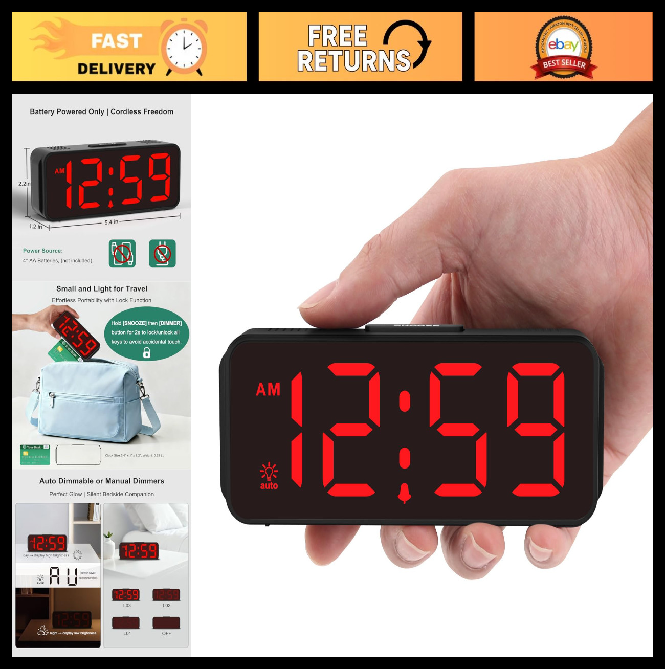 Compact Battery Powered Digital Alarm Clock for Bedroom & Travel, LED Display, A