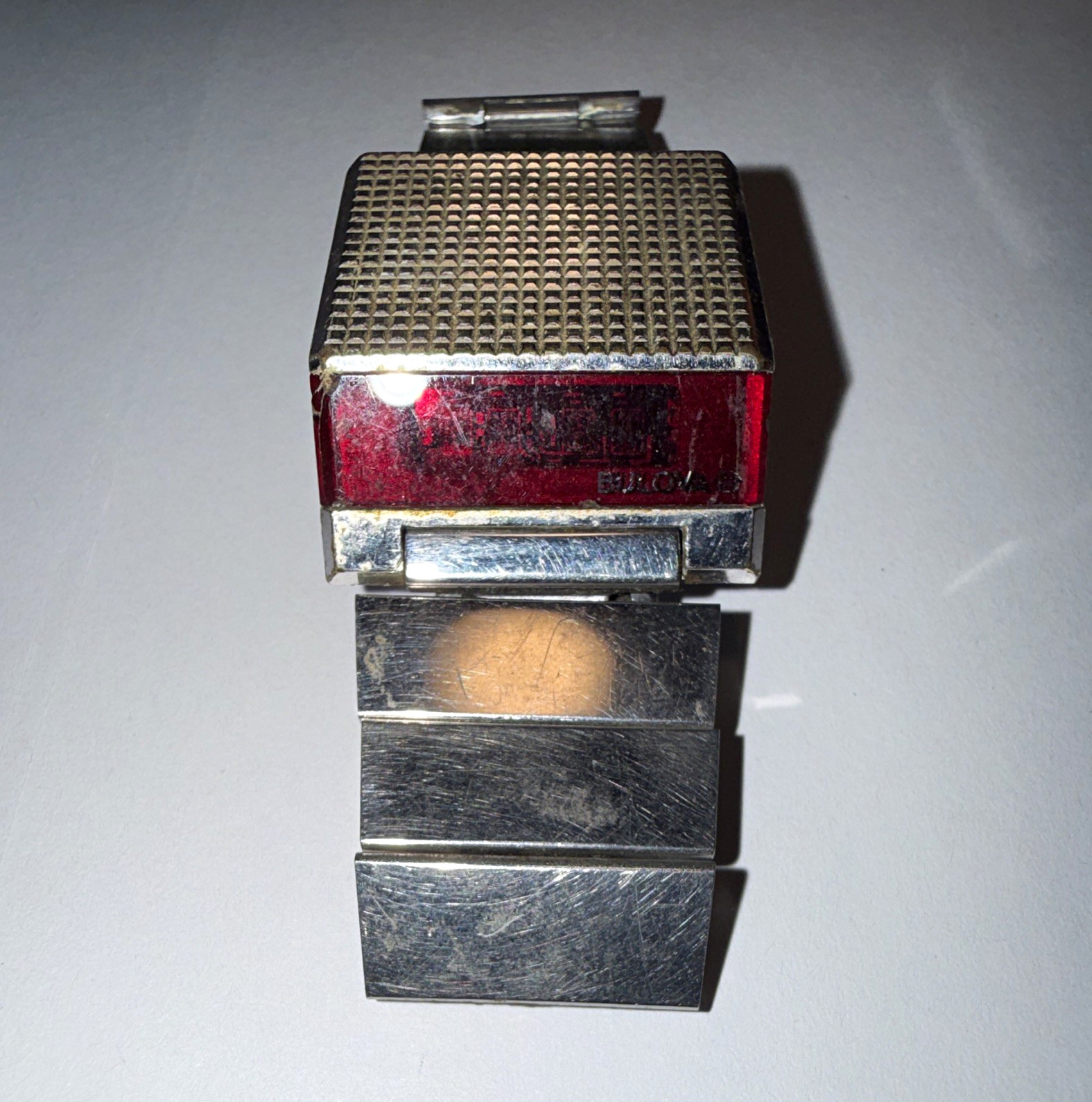 Bulova Computron Vintage Quartz Digital LED Wristwatch Red Dial SS Bracelet