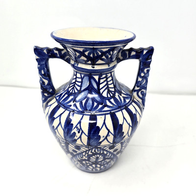 Vintage Blue And White Amphora Vase Double Handle Ceramic 