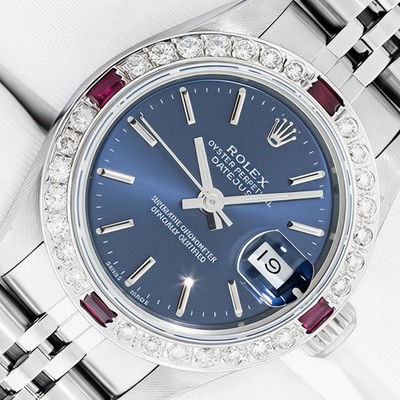 ROLEX LADIES DATEJUST WATCH STAINLESS STEEL BLUE INDEX DIAL, RUBY DIAMOND BEZEL