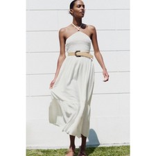 Zara White Gauze Smocked Halter Top Maxi Dress Womens Large