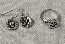 Sterling Silver Paw Print Pet Unconditional Love Ring & Earrings Set
