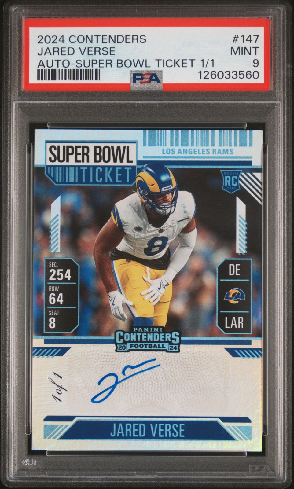 2024 CONTENDERS AUTO-SUPER BOWL TKT 1/1 #147 JARED VERSE 1/1 PSA 9