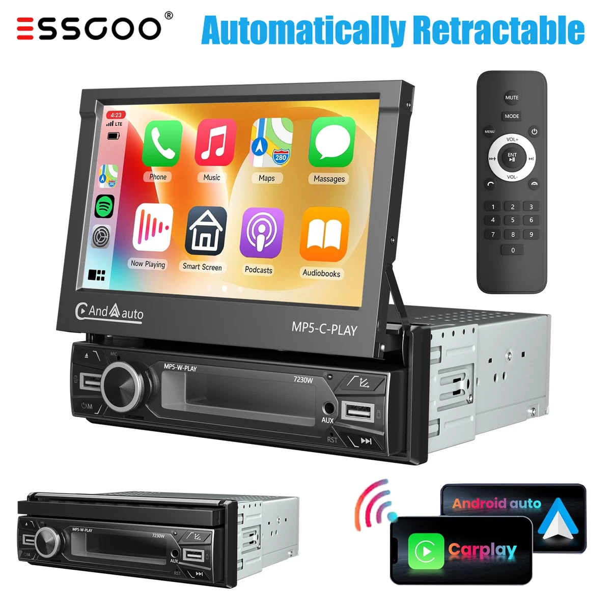 Inefala Autoradio Bluetooth 1 DIN met draadloos CarPlay en Android Auto