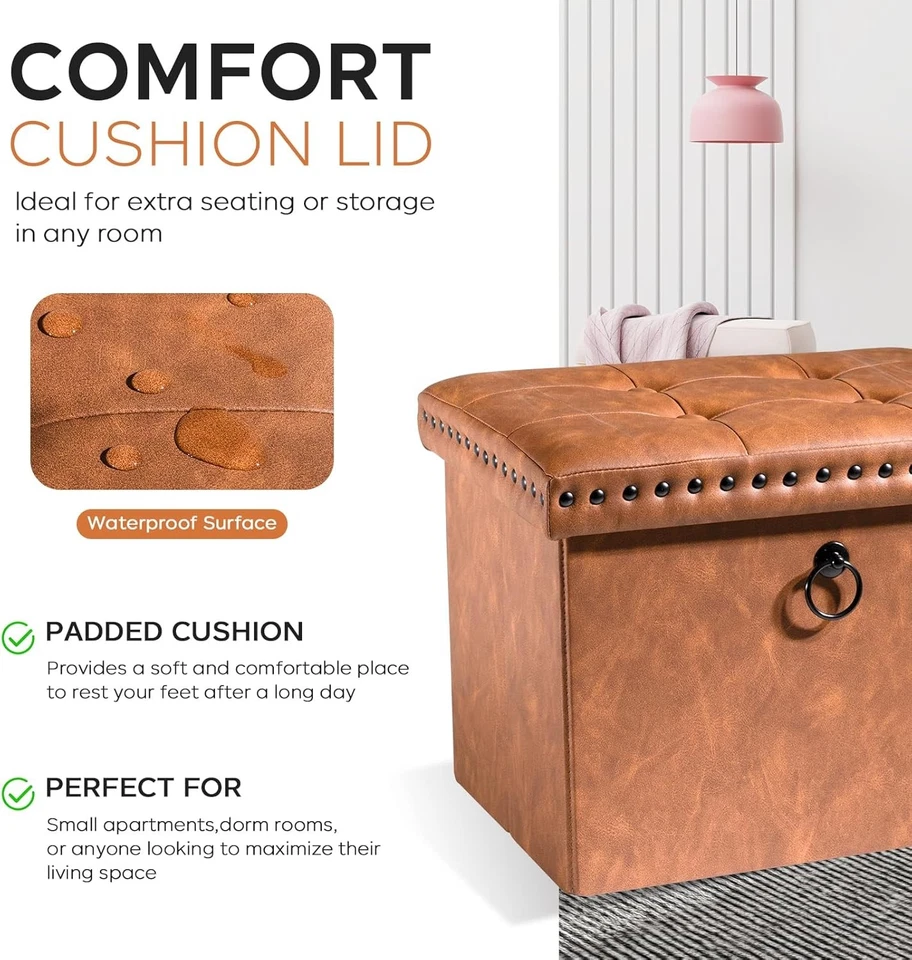 Otomana de almacenamiento plegable, pequeño taburete reposapiés de cuero sintético con botón acolchado  Foto 4 de 4