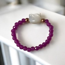 Pink Tourmaline Bead White Quartz Kitty Charm Stretchable Ring