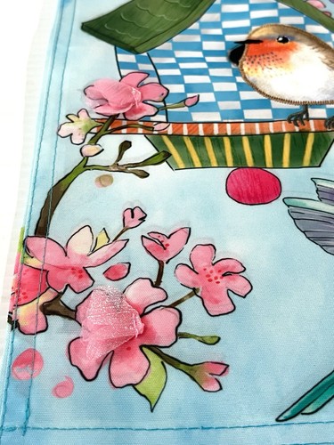 "Casa de pájaros de hoja perenne y pájaros sobre apliques de flores de cerezo bandera de jardín 12,5""x18""" - Imagen 12 de 18