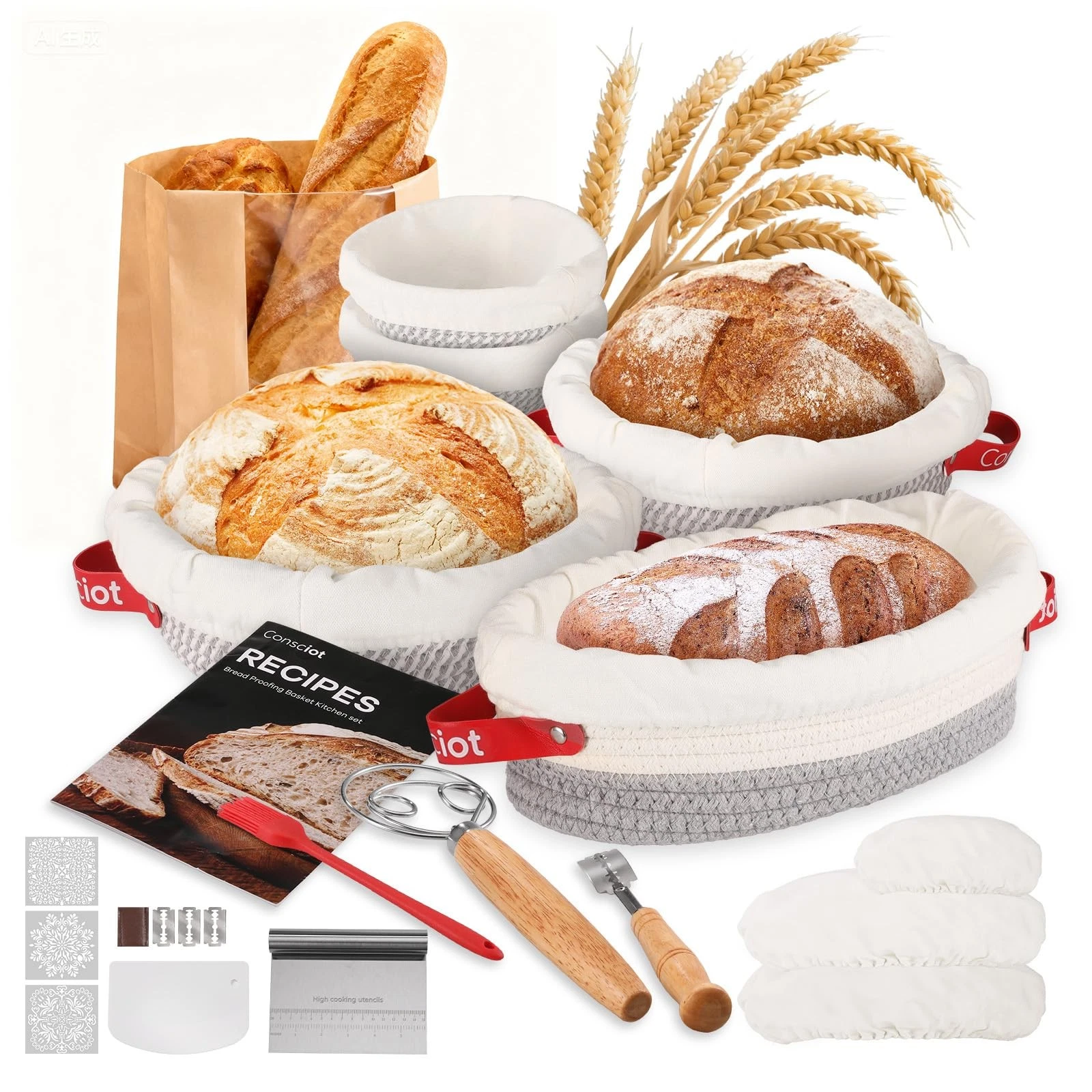 Sourdough Starter Kit 5 Banneton Round & Oval, Cotton Rope Bread Proofing Bas...