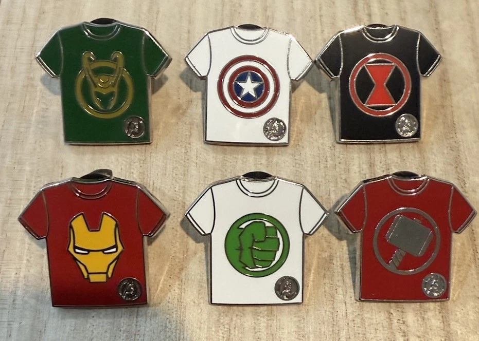 Disneyland 2024 DLR Hidden Mickey Disney Marvel T-Shirt Full 6 Pin Set w/ Chaser