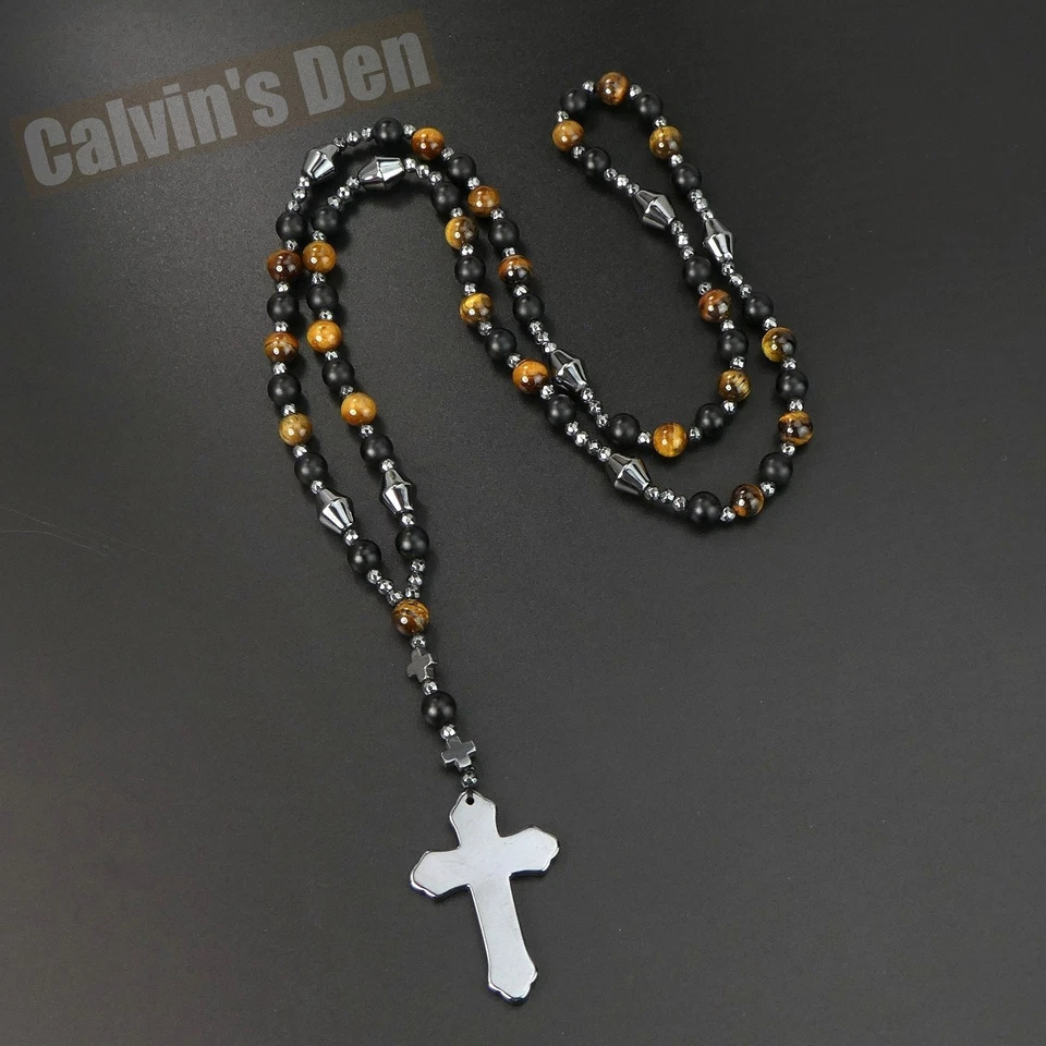 Тигровый глаз матовый черный обсидиан черный гематит крест подвеска ожерелье мужчин подарок - Изображение 2 из 4