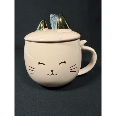 Lucky Cat Mug 13.5 oz Pink Kitty Cup with Ears Lid & Phone Stand Cat Lover Gift