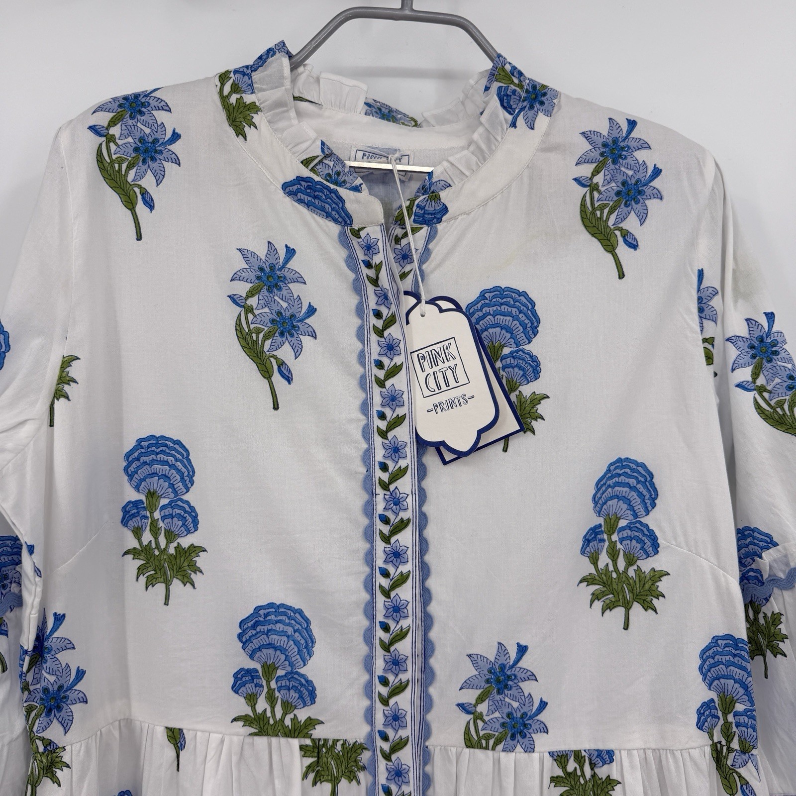 Pink City Prints Cobalt Lilly Panama Dress Size L Large Belted Cotton Maxi Shirt