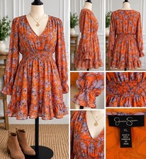 Jessica Simpson XL Orange Purple Floral Smocked Waist Tiered Dress Long Sleeve