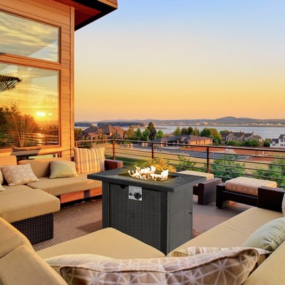 30'' Gas Propane Fire Pit Table 50,000BTU Wicker Auto Ignition Firepit w/ Lid