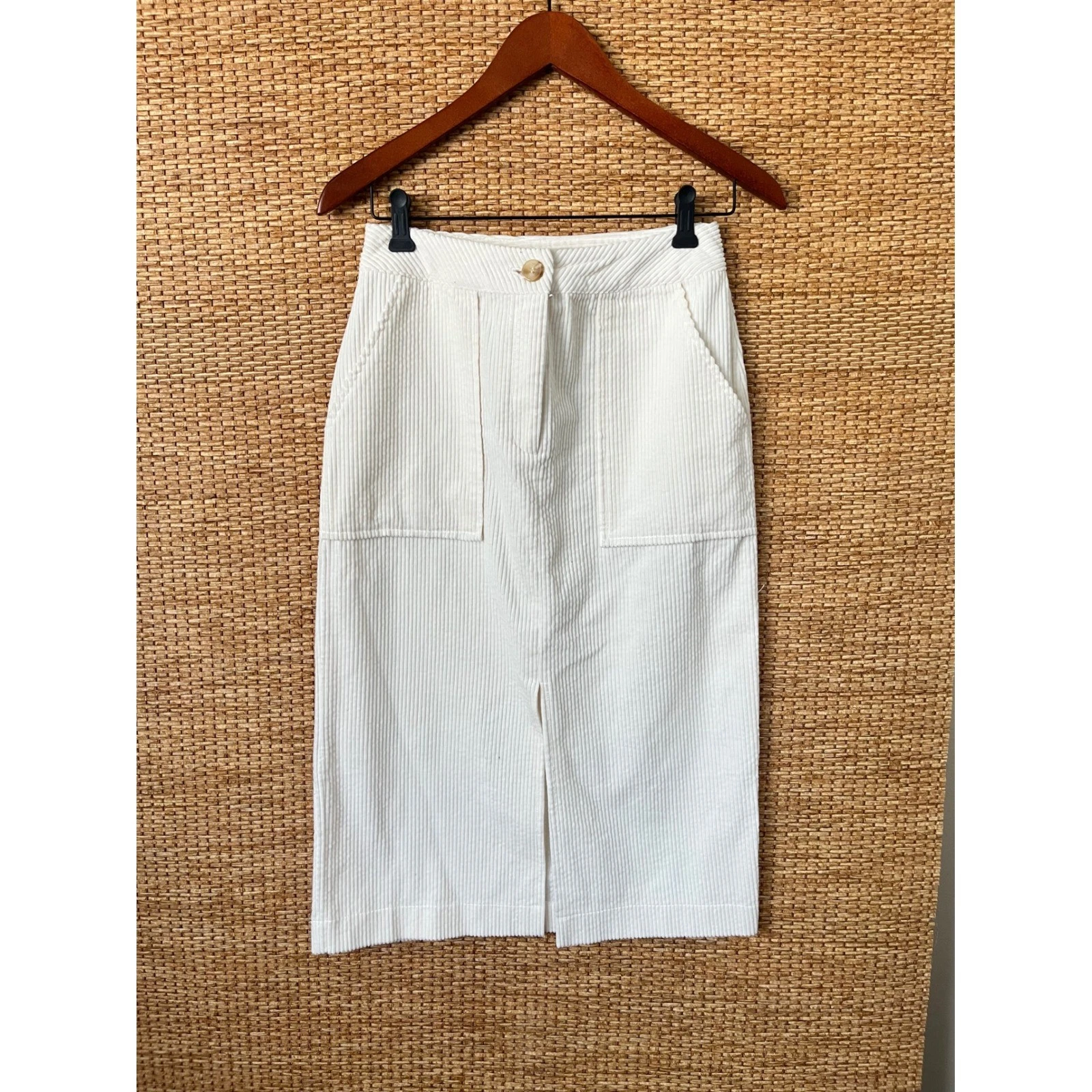 Moon River Cream Corduroy Midi Skirt White High Waisted Front Slit Size S