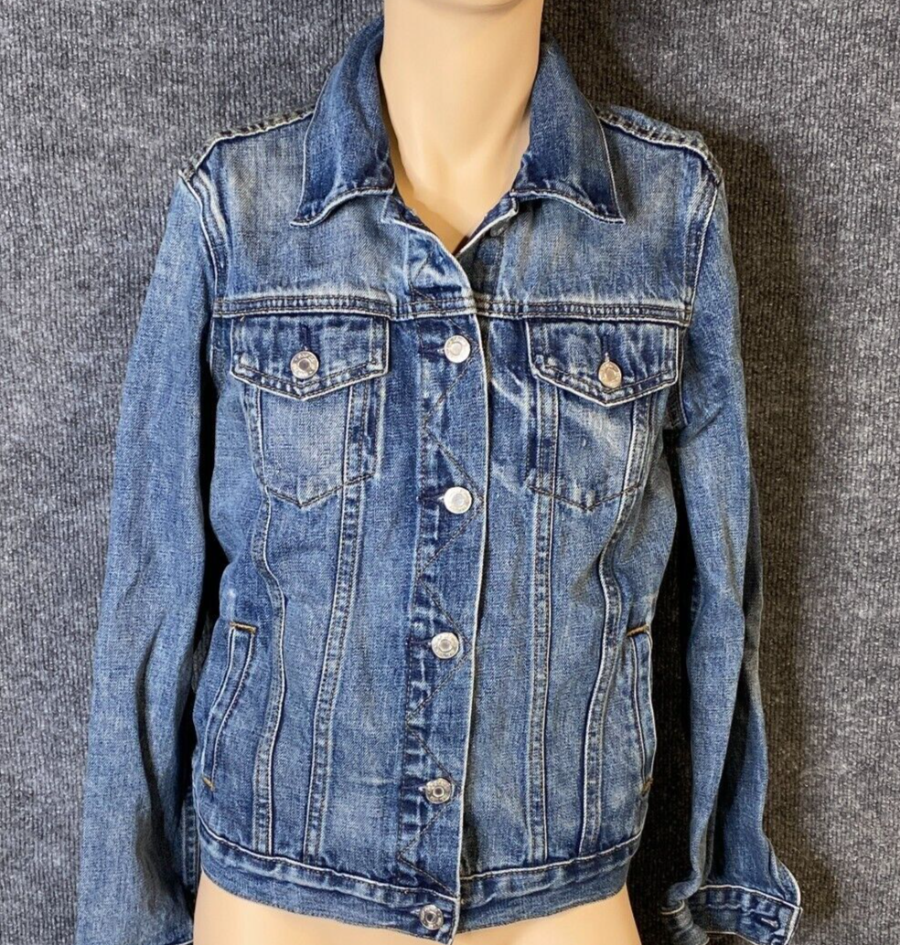Womens Gap 1969 Classic Denim Blue Jean Button Front Jacket Size XS Distressed