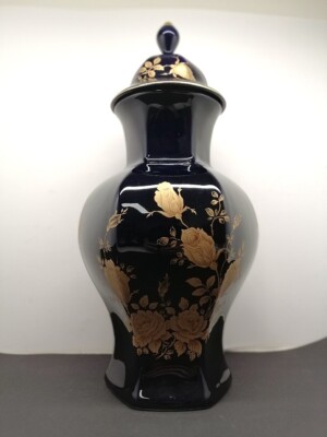 Bareuther Waldsassen Deckel-Vase mit Goldrosendekor | Echt Cobalt | H: ca. 32cm