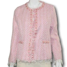 MICHAEL SIMON Sz M Pink Tweed Jacket Cardigan Faux Pearls Gold Chain Ribbon NWT
