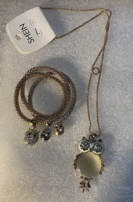 VTG SHIEN Costume Jewelry New  Owl s Pendant Necklace and 3 Stretch Bracelets