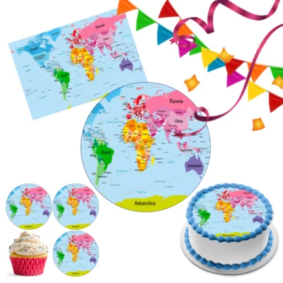 FUNBAKERY Map World Globe Cake Topper Party Decoration Edible Birthday Celebration Cupcake