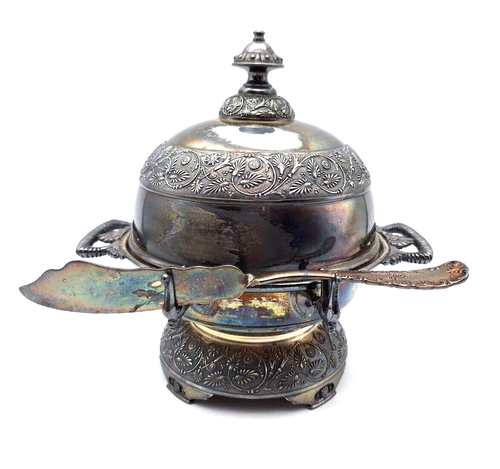 Antique 8" Butter Caviar Dish Middletown Plate Quadruple Silver Plate W/ Knife - Picture 6 of 24