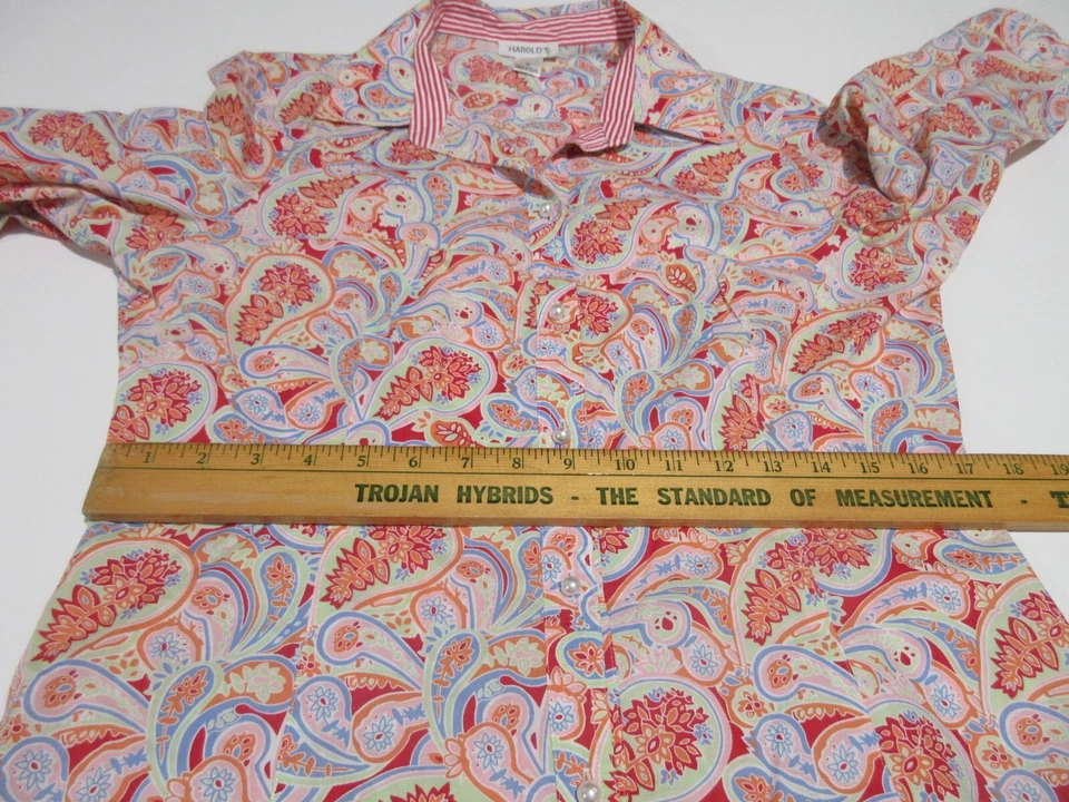 Sz 10 Harold's Paisley Blouse Pearl Button FLIP 3/4 SLEEVE Red Orange Top Cotton - Image 3 of 4