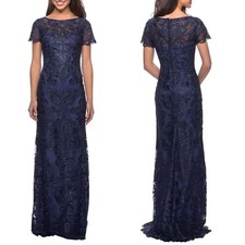 NEW LA FEMME Navy SEQUIN Embroidered LACE Column EVENING Dress GOWN 4