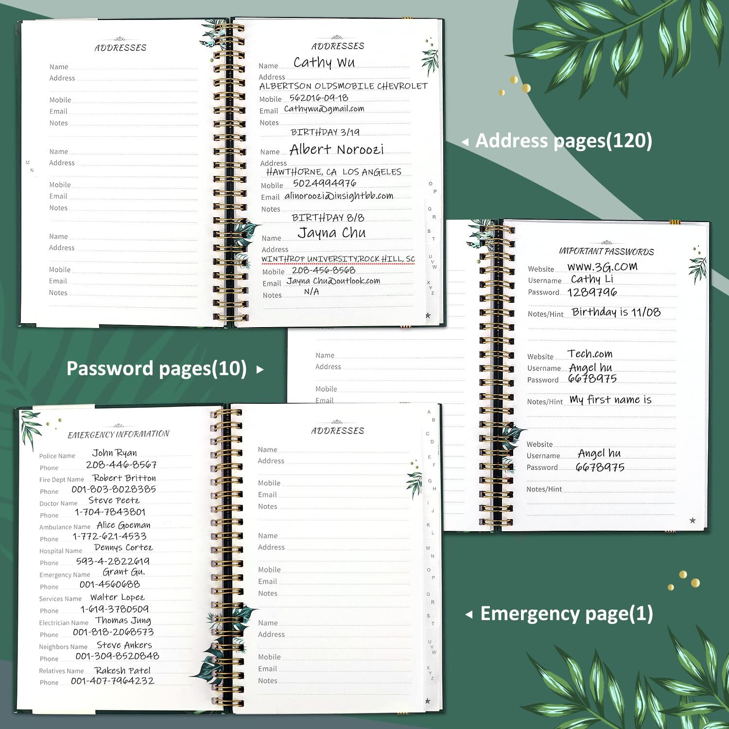 JUBTIC Hardcover Address Book with Alphabetical Tabs Spiral Bound