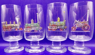 Set 4 Steam Locomotive Glasses Bohemian Czechosloviakia Vintage Crystal Barware