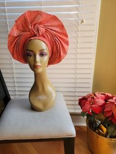 Aso-Oke African Headtie Auto Gele, Ready Made Gele Coral Multi With Stones 